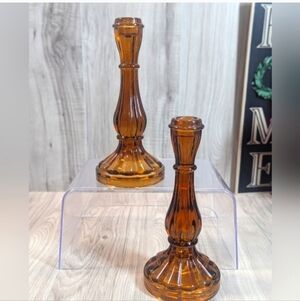 VINTAGE AMBER GLASS CANDLE HOLDERS TAPER CANDLES